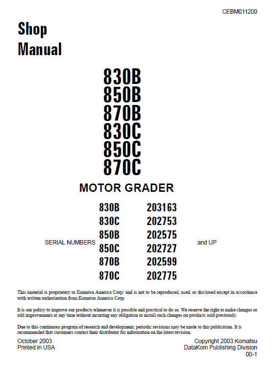 Komatsu 830c 850c 870c Grader Service Repair Manual