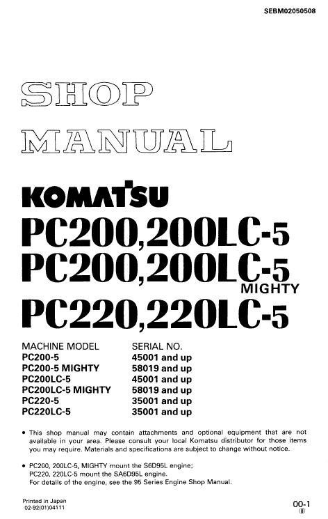 Komatsu PC200-5, PC200LC-5, PC220-5, PC220LC-5 Excavator Manual