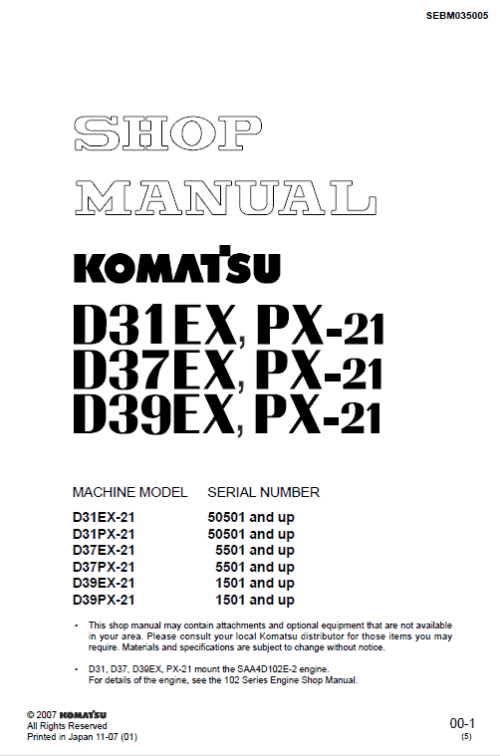 Komatsu D31EX-21 D37EX-21 D37PX-21 Service Repair