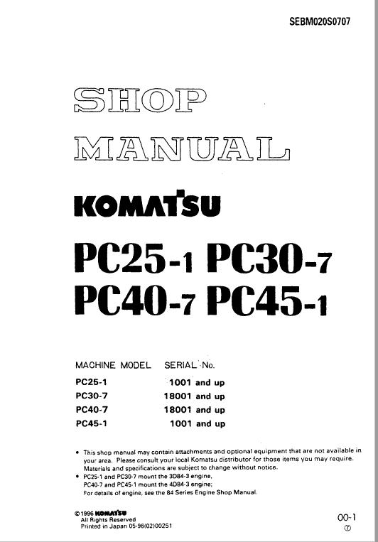 Komatsu PC25-1 PC30-7 PC40-7 PC45-1 Repair Manual