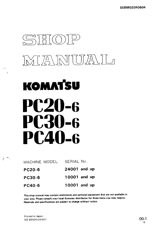 Komatsu PC40-6 Excavator Operation Maintenance Manual