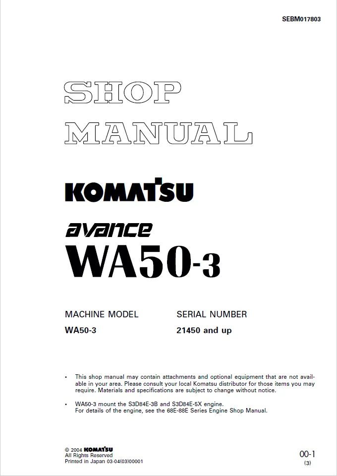 Komatsu WA50-3 Excavator Service Repair Manual