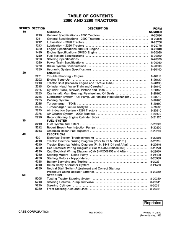 Case IH 2290 Tractor Repair Service Manual