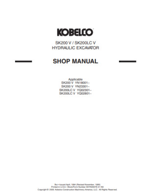Kobelco SK200 V SK200LC V Hydraulic Excavator Repair Manual