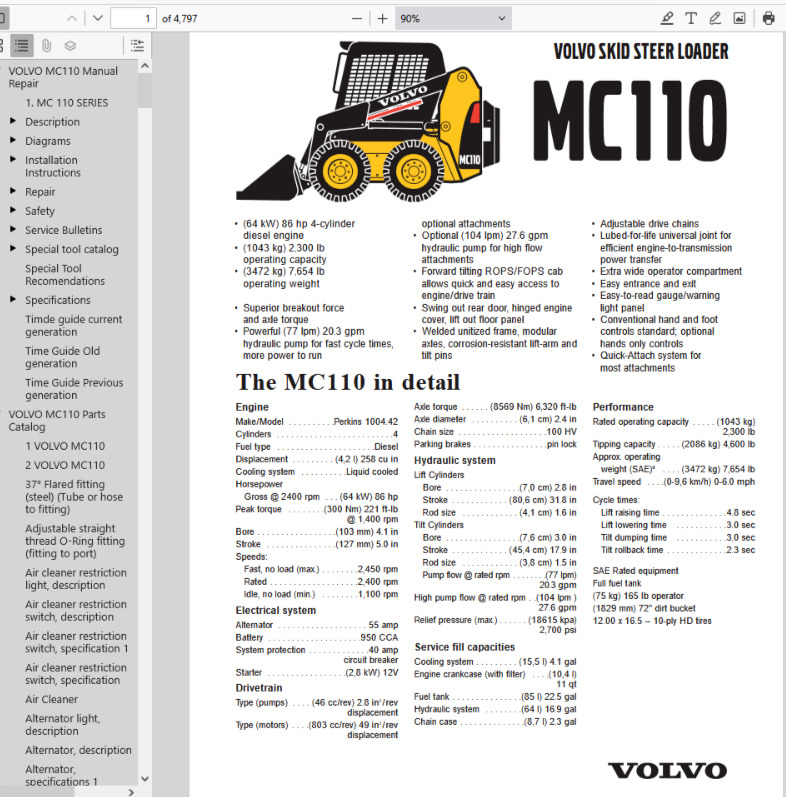 Volvo Mc110c Mc115c Skid Steer Loader Service Parts Manual