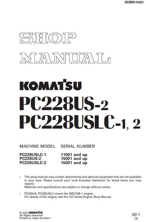 Komatsu Pc228uslc-1, Pc228us-2, Pc228uslc-2 Service Repair Manual