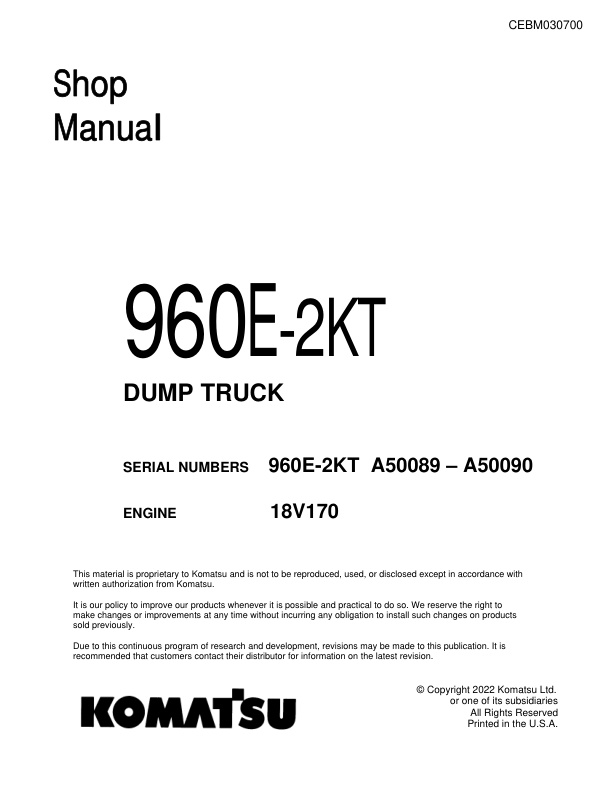 Komatsu 960e-2 kt Dump Truck Workshop Service Repair Manual