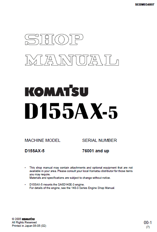 Komatsu D155ax-5 Workshop Service Operating Manual