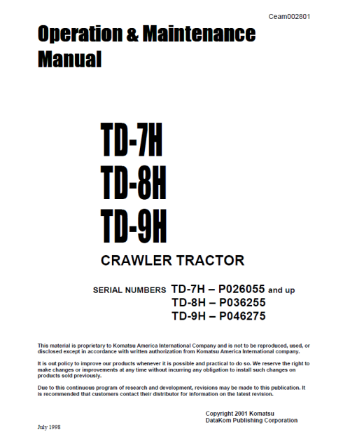 Komatsu Td-7h, Td-8h, Td-9h Crawler Tractor Operation Maintenance Manual