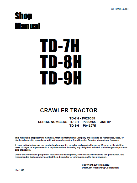 Komatsu Td-7h, Td-8h, Td-9h Crawler Tractor Workshop Service Repair Manual