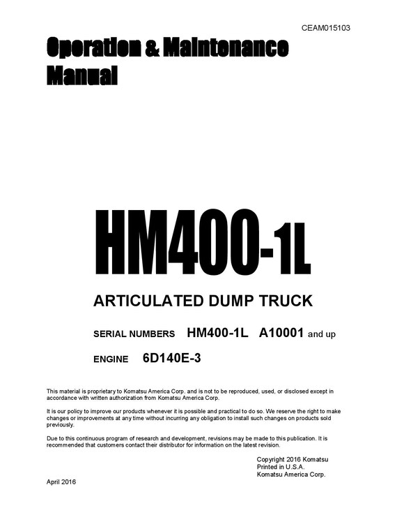 Komatsu Hm400-1 Articulated Dump Truck Operation & Maintenance