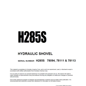 Komatsu H285s Shovel Excavator Workshop Service Manual