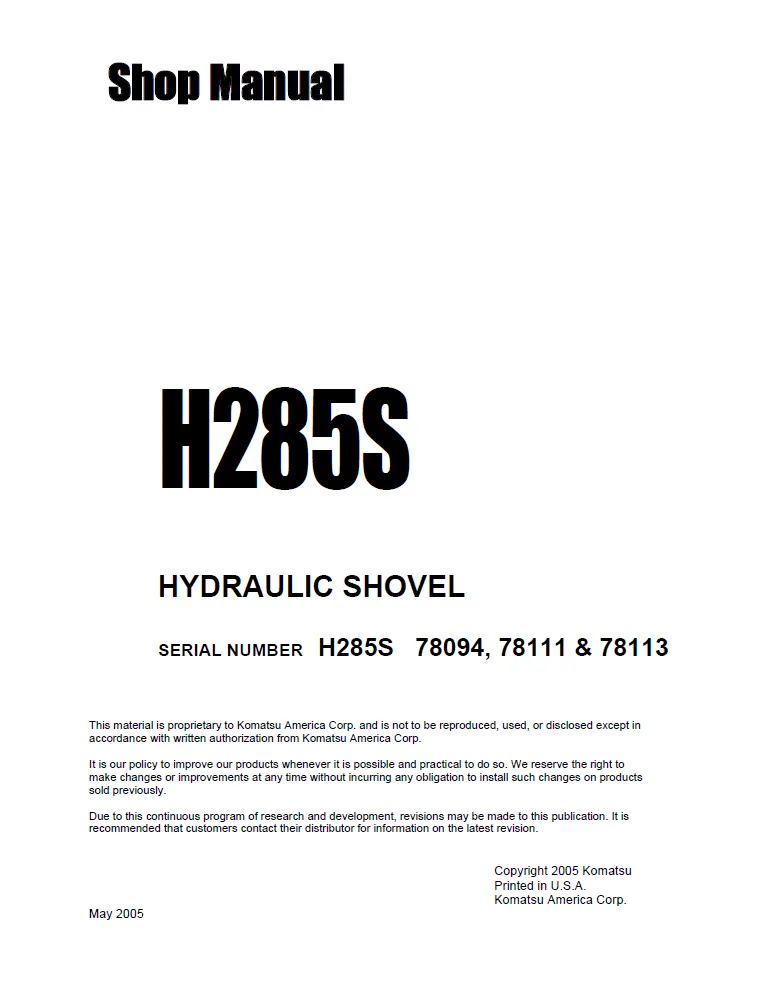 Komatsu H285s Shovel Excavator Workshop Service Manual