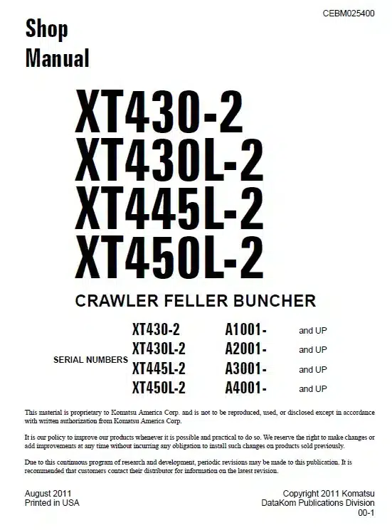 Komatsu XT430-2, XT430L-2, XT445L-2, XT450L-2 Crawler Buncher Service Repair Manual
