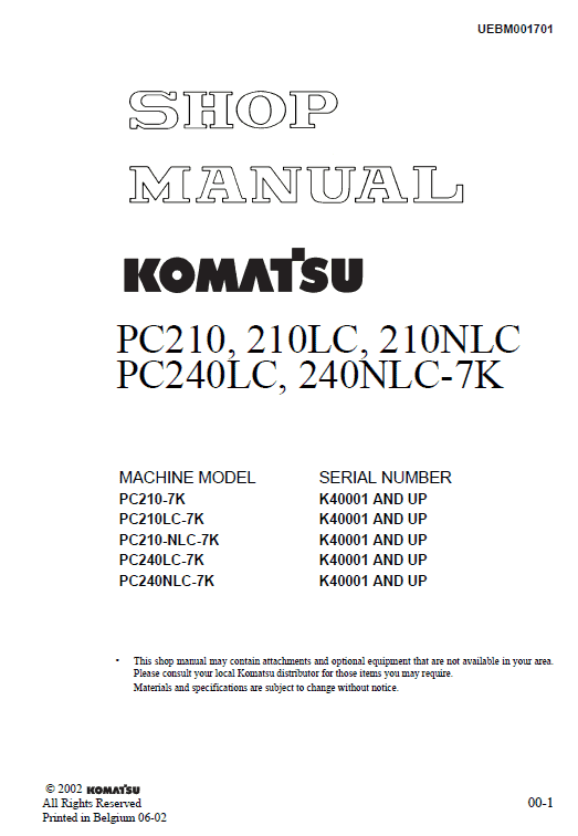 Komatsu Hydraulic Excavator PC210-7K, PC210LC-7K Service Manual