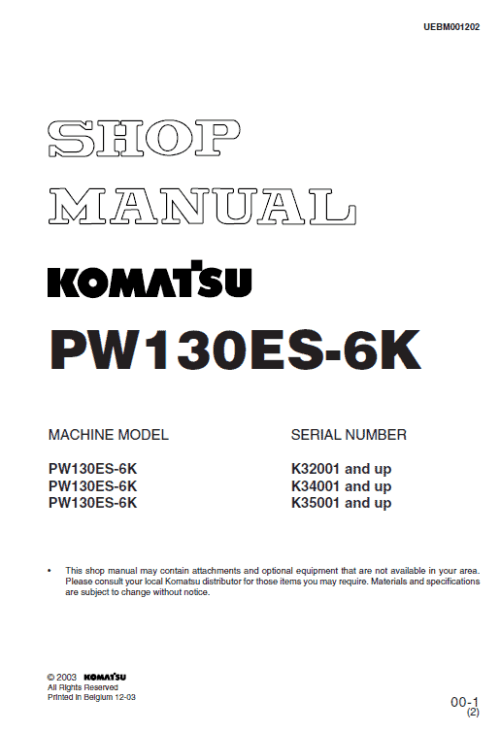 1-3 Komatsu Pw130es-6k Excavator Workshop Service Manual