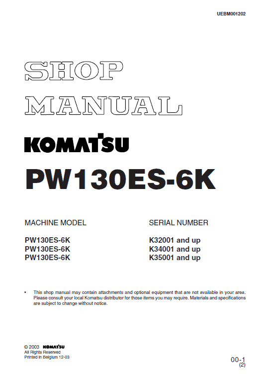 1-3 Komatsu Pw130es-6k Excavator Workshop Service Manual