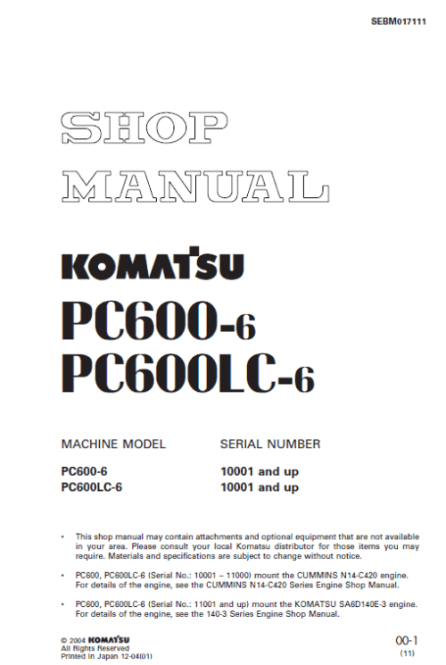0-2 Komatsu PC600-6 PC600LC-6 Operation Maintenance Manual