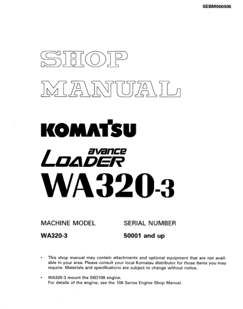 Komatsu Wa320-3 Wheel Loader Shop Manual