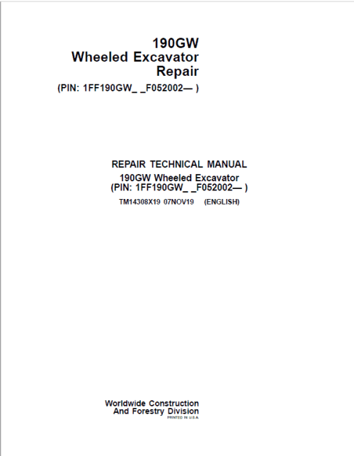 John Deere 190GW Wheeled Excavator Repair Service Manual