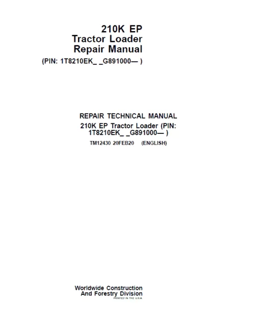 John Deere 210K EP Tractor Loader Repair Technical Manual