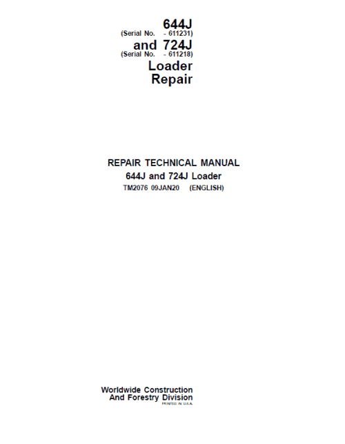 John Deere 644J, 724J 4WD Loader Repair Technical Manual