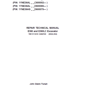 John Deere E360, E360LC Excavator Repair Service Manual