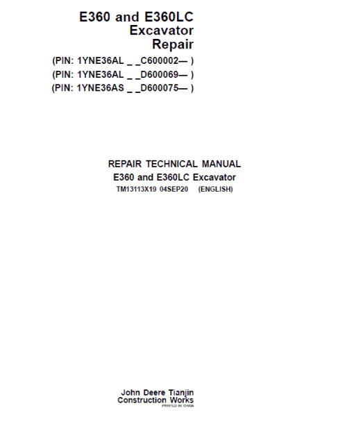 John Deere E360, E360LC Excavator Repair Service Manual