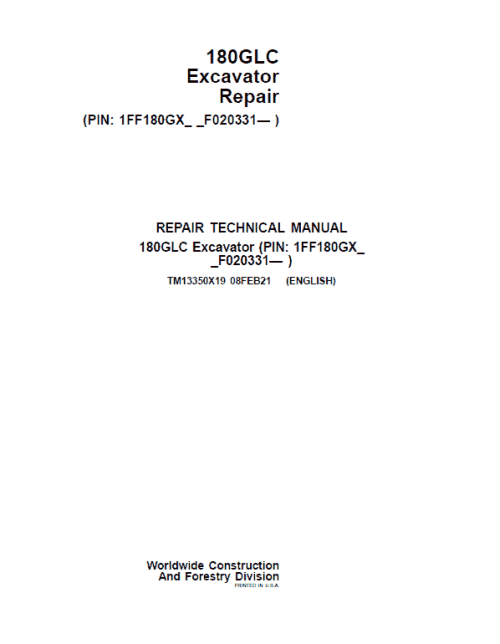 John Deere 180GLC Excavator Repair Service Manual