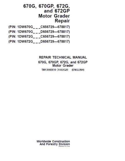 John Deere 670G, 670GP, 672G, 672GP Grader Technical Manual