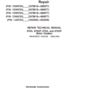 John Deere 670G, 670GP, 672G, 672GP Grader Repair Services Manual
