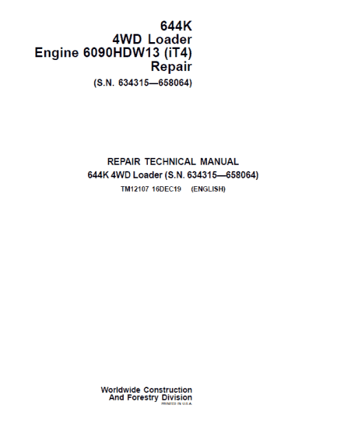 John Deere 644K 4WD Engine 6090HDW13 (iT4) Loader Technical Manual