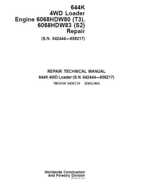 John Deere 644K 4WD Engine S2 & T3 Loader Technical Manual