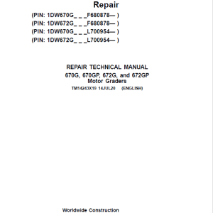 John Deere 670G, 670GP, 672G, 672GP Grader Repair