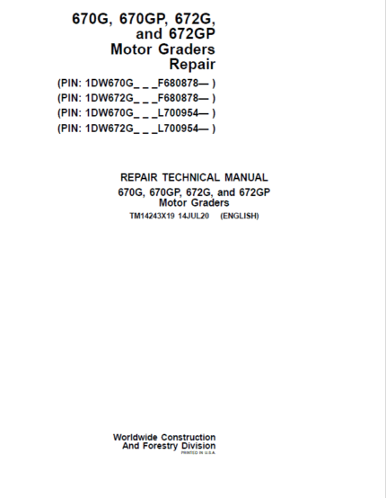 John Deere 670G, 670GP, 672G, 672GP Grader Repair