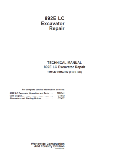 John Deere 892E LC Excavator Repair Service Manual