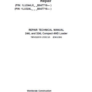 John Deere 244L, 324L Compact 4WD Loader Repair Technical Manual