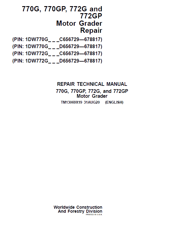 John Deere 770G, 770GP, 772G, 772GP Grader Repair Service Download
