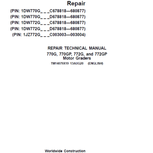 John Deere 770G, 770GP, 772G, 772GP Grader Repair Services Manual