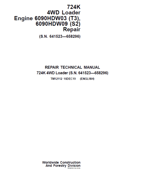 John Deere 724K 4WD Engine S2 & T3 Loader Technical Manual