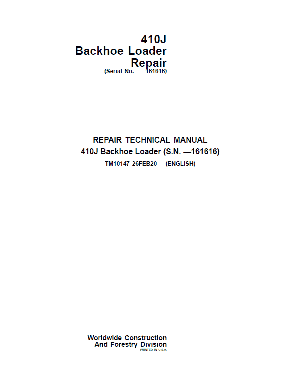 John Deere 410J Backhoe Loader Repair Service Manual SN