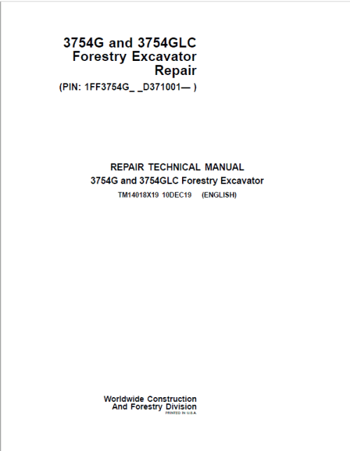 John Deere 3754G, 3754GLC Swing Excavator Repair Service Manual