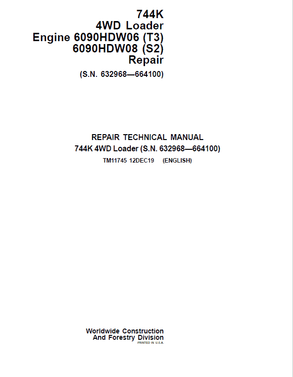 John Deere 744K 4WD Engine T3, S2 Technical Manual