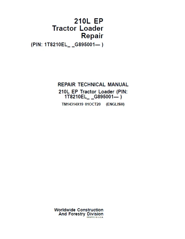 John Deere 210L EP Tractor Loader Repair Service Manual