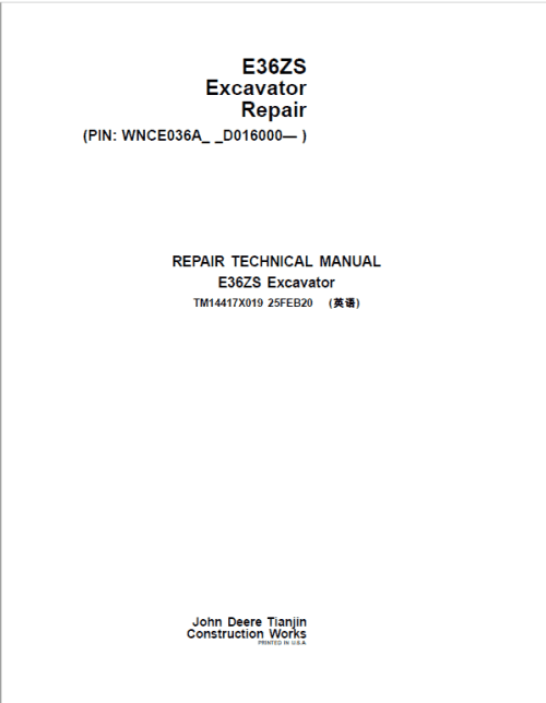 John Deere E36ZS Excavator Repair Service Manual