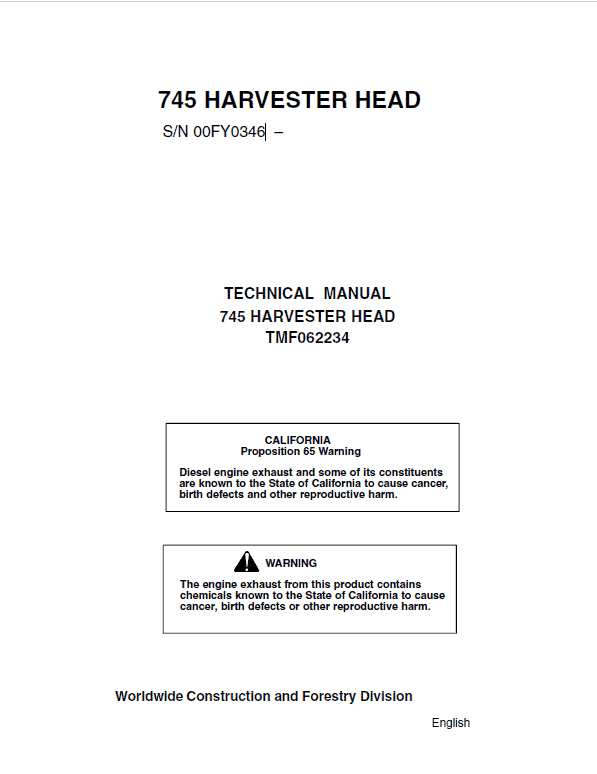 John Deere 745 Timberjack Harvester Head Repair Service Manual
