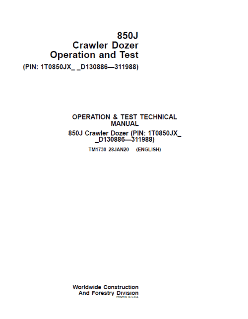 1-150 John Deere 850J Crawler Dozer Service Manual