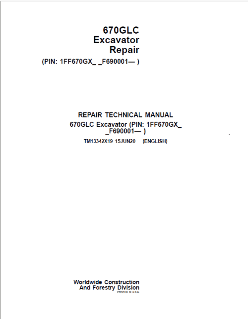 John Deere 670GLC Excavator Repair Service Manual