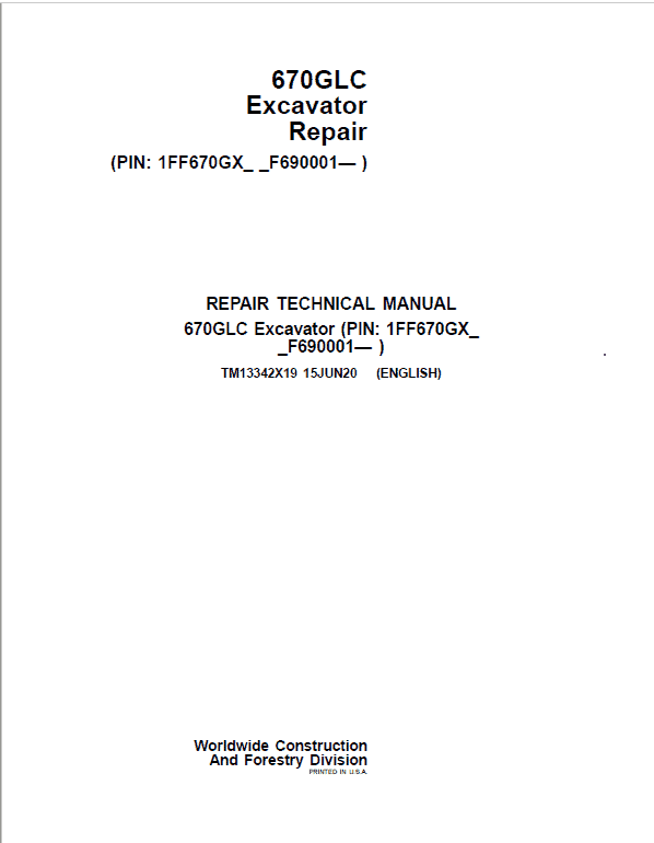 John Deere 670GLC Excavator Repair Service Manual