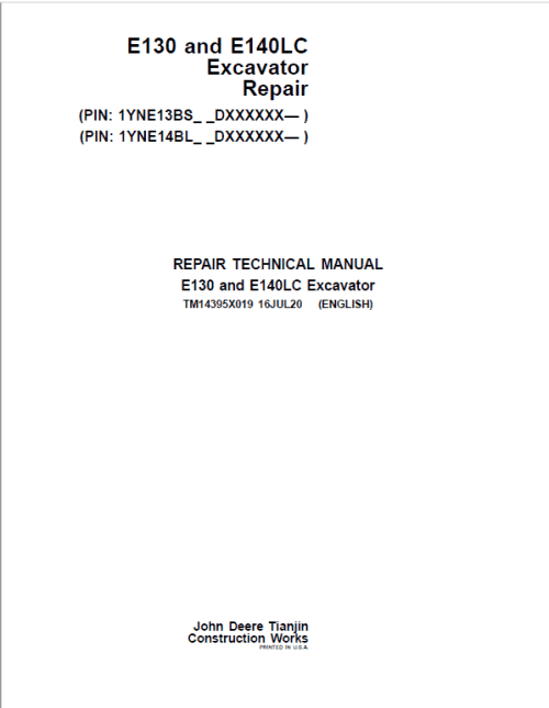 John Deere E130, E140LC Excavator Repair Service Manual